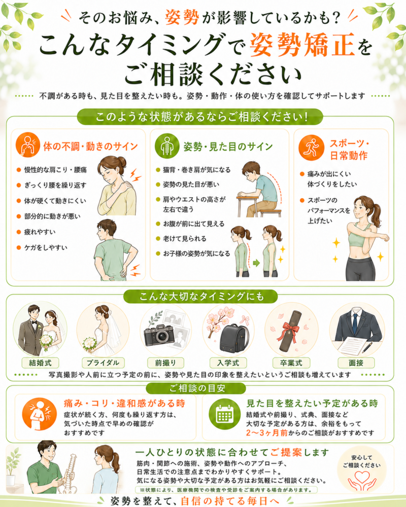 当院では日々姿勢について多くのお悩み・ご相談を頂きます。当てはまることはありますか？